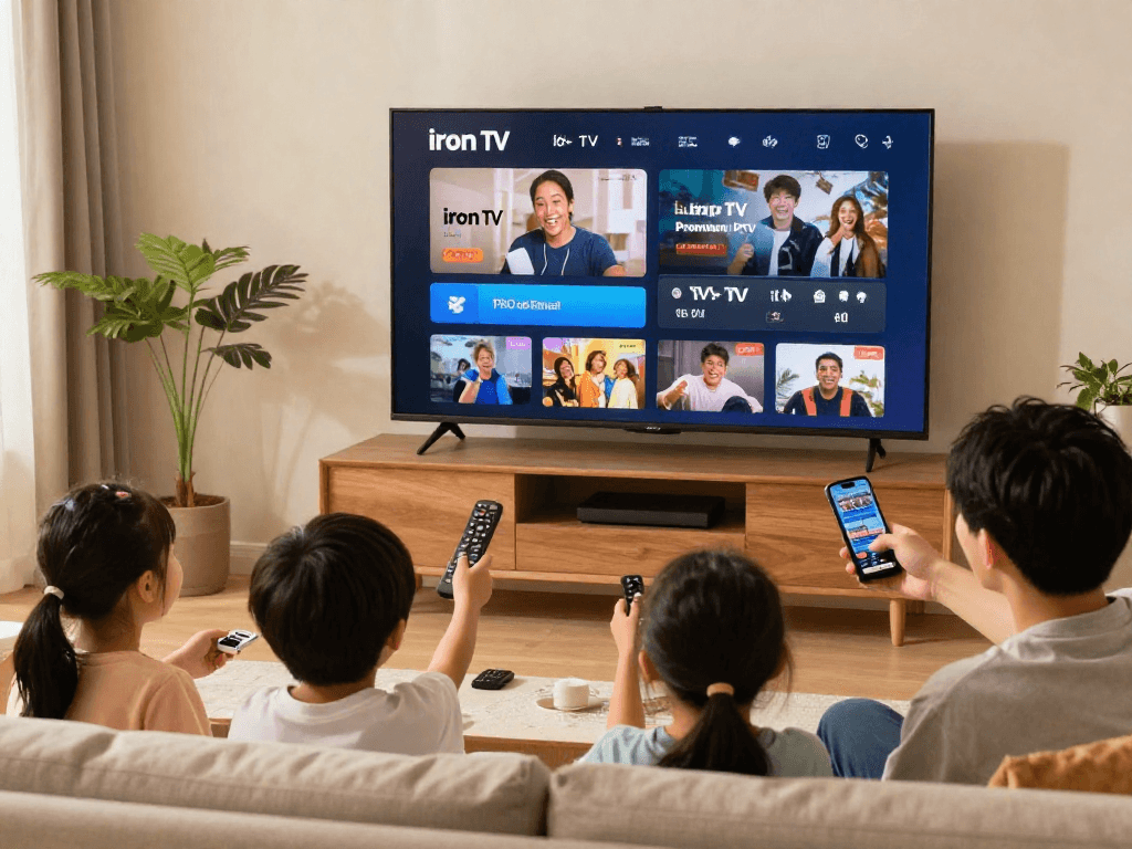 Famille utilisant le service Iron TV pour un divertissement familial avec IPTV en HD et 4K
