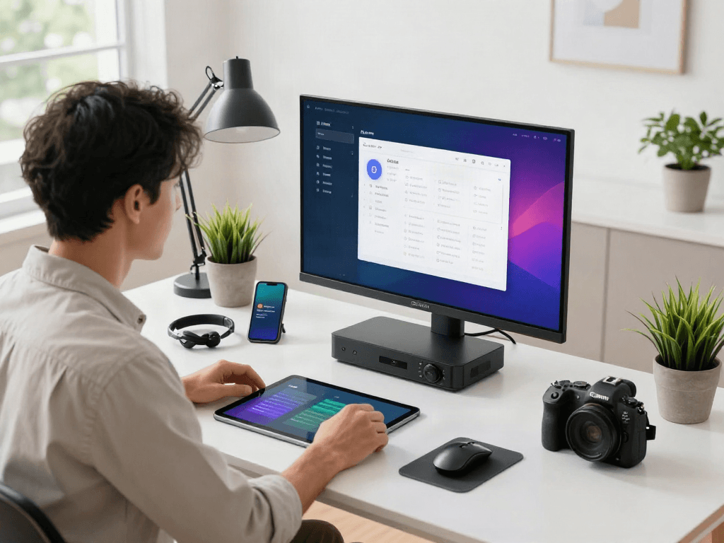 Un professionnel utilisant l'Atlas pro ontv dans un espace de travail moderne, entouré de gadgets technologiques.