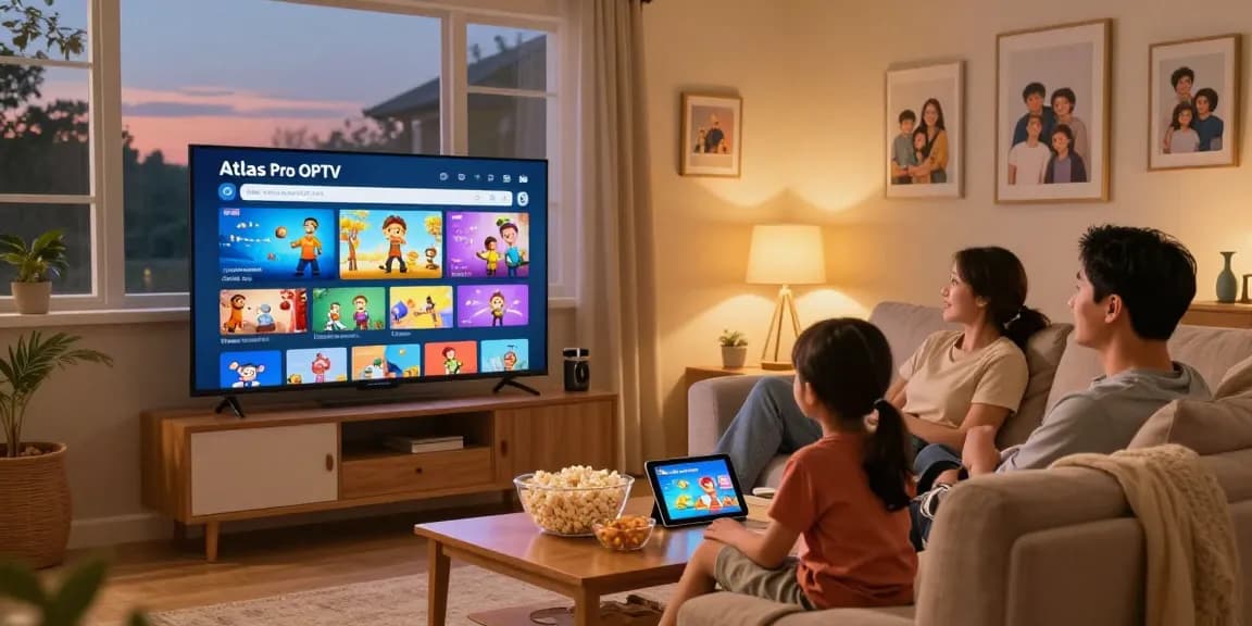 Une famille regardant Atlas Pro ONTV en qualité HD dans un salon confortable.