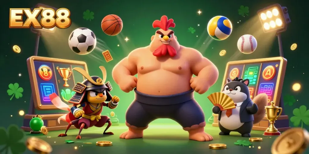 Engage in thrilling gaming with EX 88's vibrant atmosphere showcasing sumo wrestler rooster, samurai cricket, and announcer.