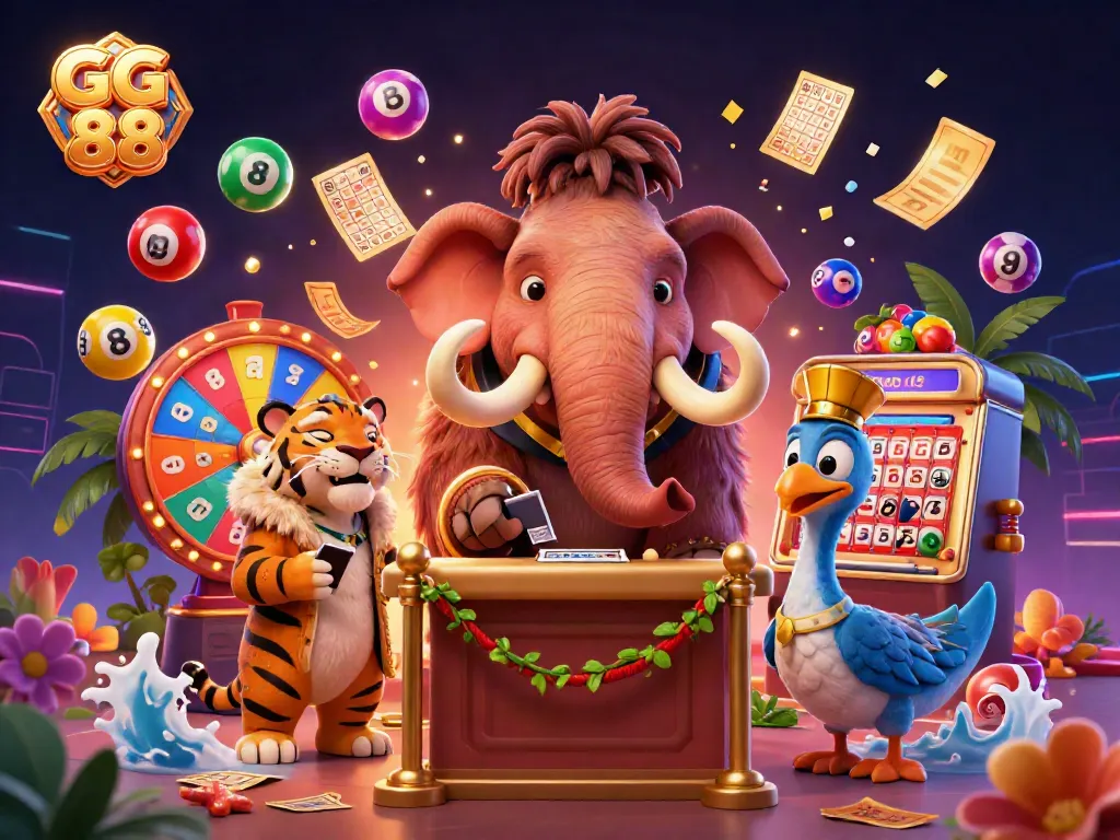 Engage in winning activities at GG 88 with vibrant games and lively characters in a casino illustration.