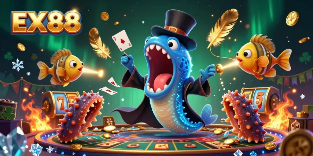 Experience thrilling card tricks at EX 88 with a deep-sea eel magician lighting up the gambling scene.