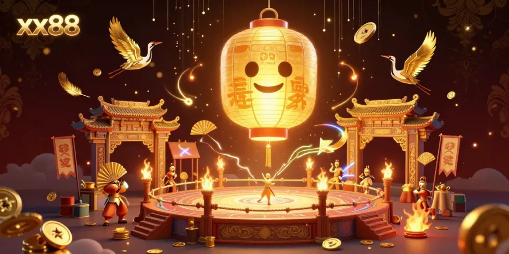 Experience exciting gaming with xx88 at a vibrant night market casino with golden lantern spirits and warriors.