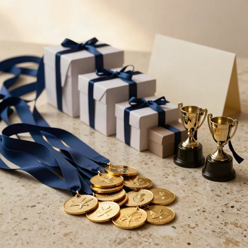 Lots de médailles de club bleues avec deux mini trophées sur pierre claire.