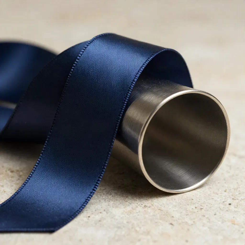Ruban bleu nuit en satin mat enroulé autour d’une coupelle et d’un support métallique.