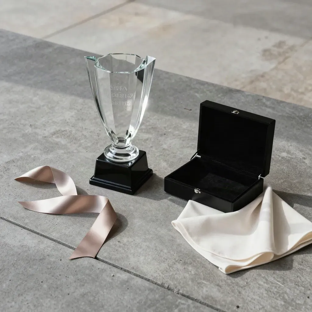 Vue du dessus d’un trophée en verre gravé avec rubans froissés et étui ouvert.
