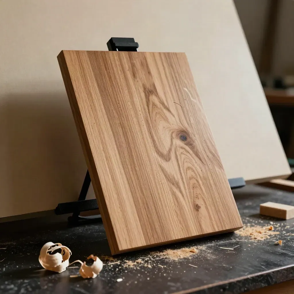 Plaque bois gravée A5 en chêne avec copeaux, chevalet discret et lumière dramatique.