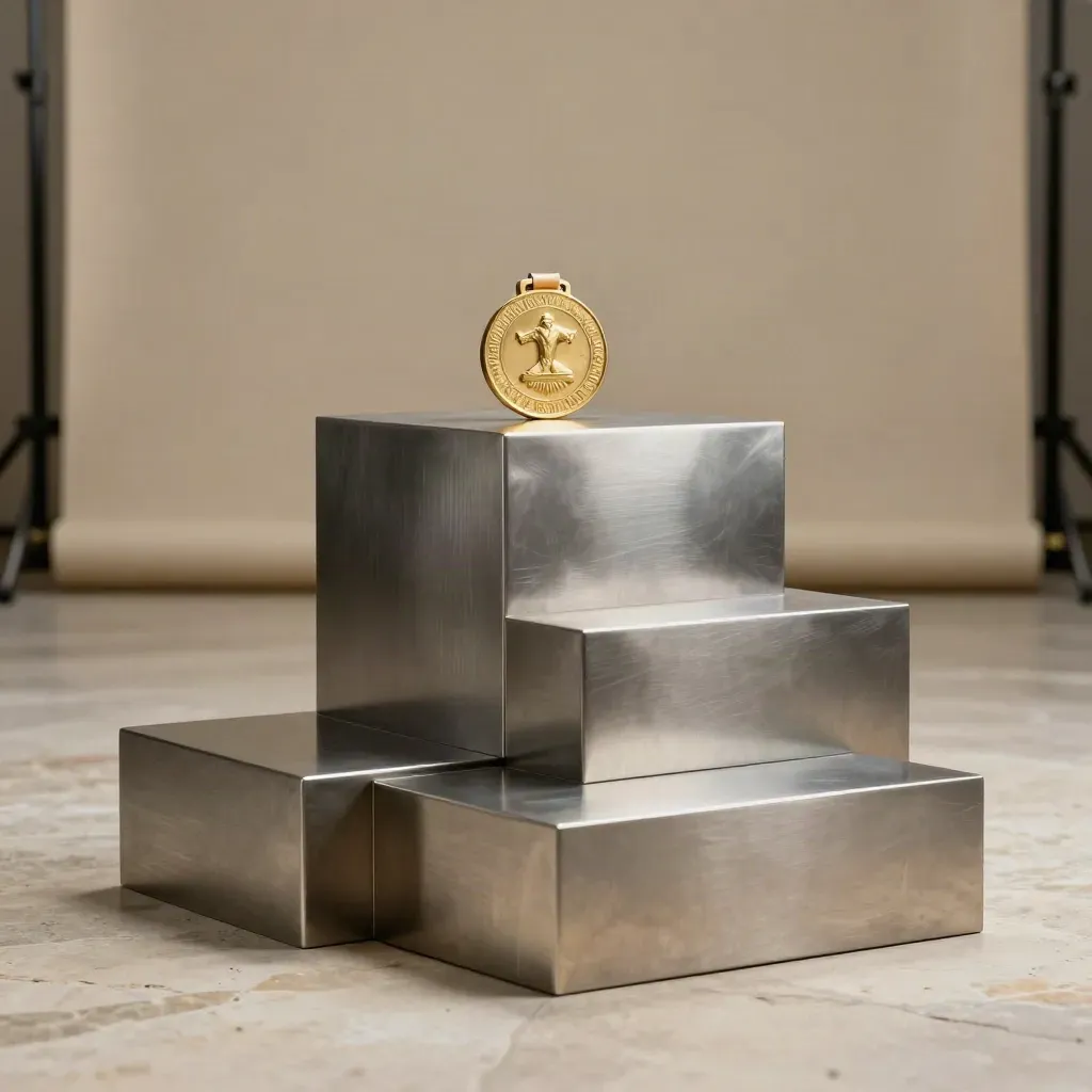 Podium métallique en trois pièces avec médaille dorée sur fond clair.