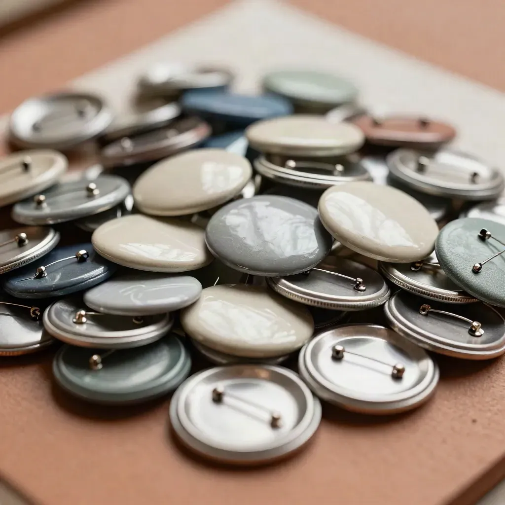 Gros plan sur des badges d’école colorés en grappes sur un support terracotta.