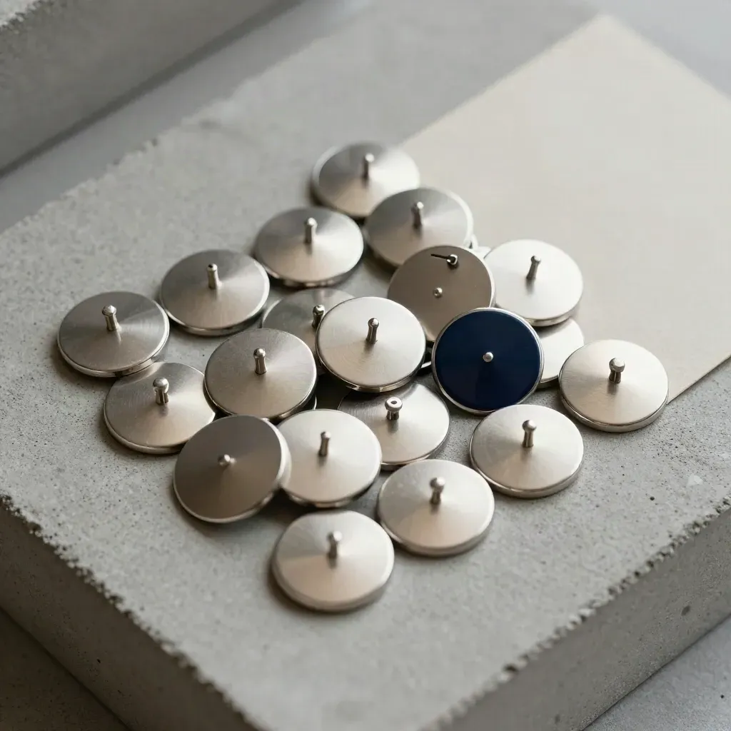 Grappe de pins ronds en émail sur carton neutre, vue du dessus, accent bleu nuit.