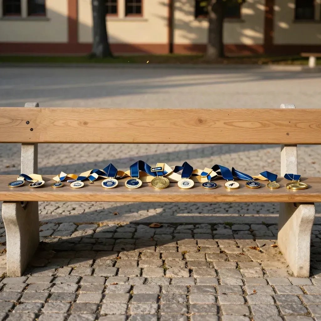 Cour d’école au soleil, banc en bois et badges scolaires en haut du cadre.