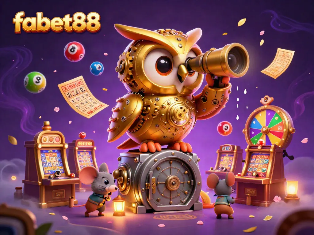 Experience fabet88 where a clockwork golden owl oversees the exciting casino floor full of lively character.