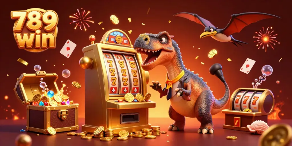 Experience the thrill of 789 win as a vibrant pachycephalosaurus wins coins from a golden slot machine.