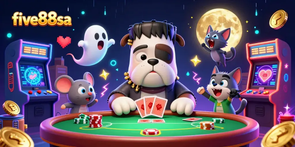 Engage with thrilling gameplay at five88sa, featuring a Frankenstein bulldog dealer amidst a vibrant casino scene.