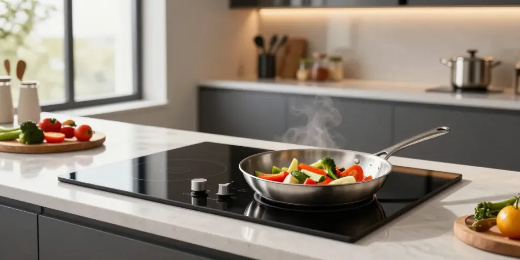 Scène de cuisine moderne avec une plaque vitrocéramique en action, légumes frais cuits dans une poêle.