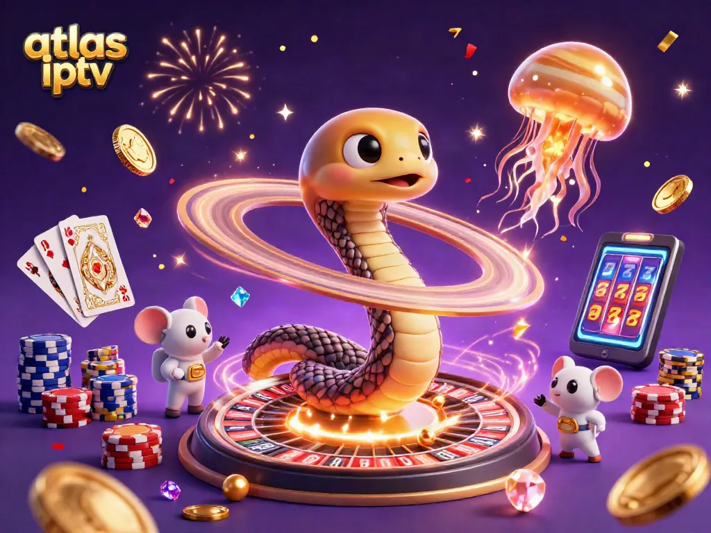 Jouer à atlas iptv avec des personnages colorés et des éléments de casino animés.