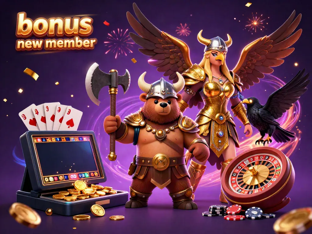 Experience the excitement of bonus new member promotions with a vibrant 3D casino scene, depicting a Viking bear, Valkyrie eagle, and dynamic gaming elements.