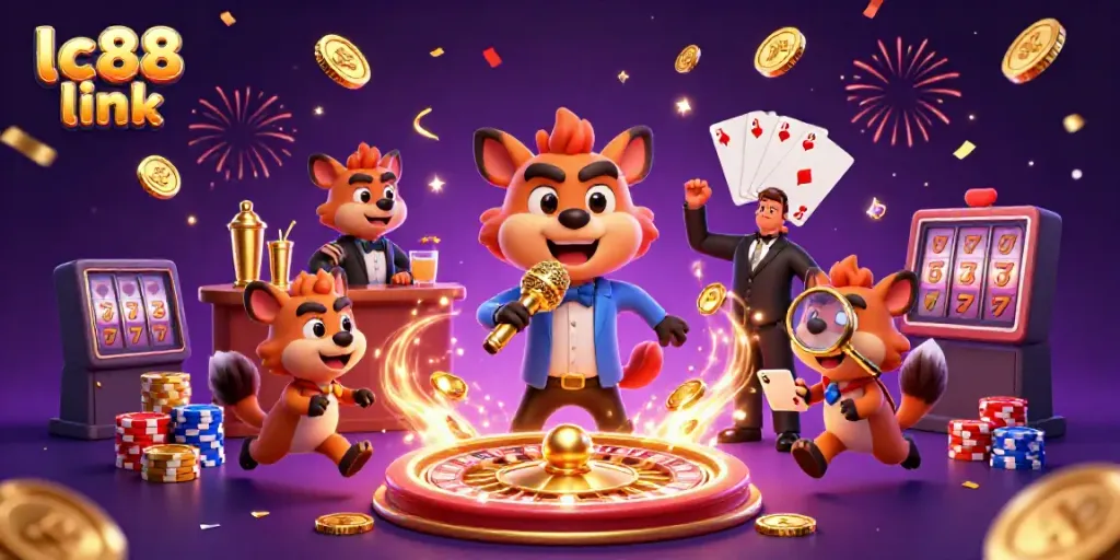 Watch the lively 3D hyenas at the comedy club in the lc88 link-themed casino, with cascading coins and roulette action.