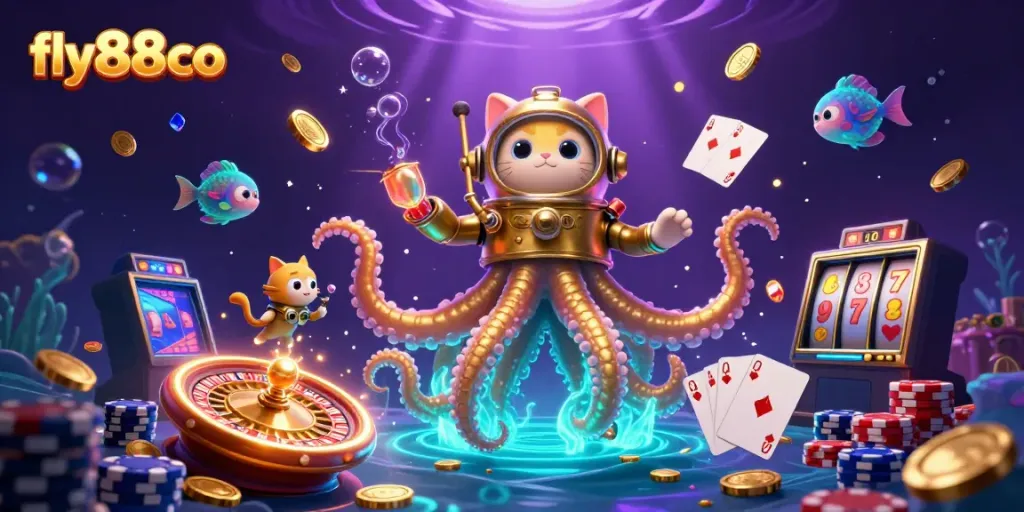 Engage with thrilling games at fly88co, featuring a colossal kraken and exciting casino elements.
